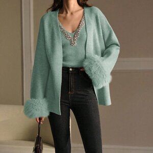 Mint Green Casual Women's Premium Rhinestone Knit Top with Furry Cardigan set